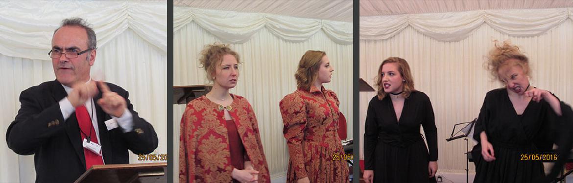 Left: Ilan Dwek who is an outstanding Lecturer in Signed Theatre and is deaf himself. Centre and Right: Alice Taylor and Rachel Merry, who are third year students on the Signed Theatre course, perform two “Monologues of Shakespeare”. Alice performed as Margaret from King Richard III – and was voiced by Rachel; and Rachael performed as Tamora from Titus Andronicus – voiced by Alice